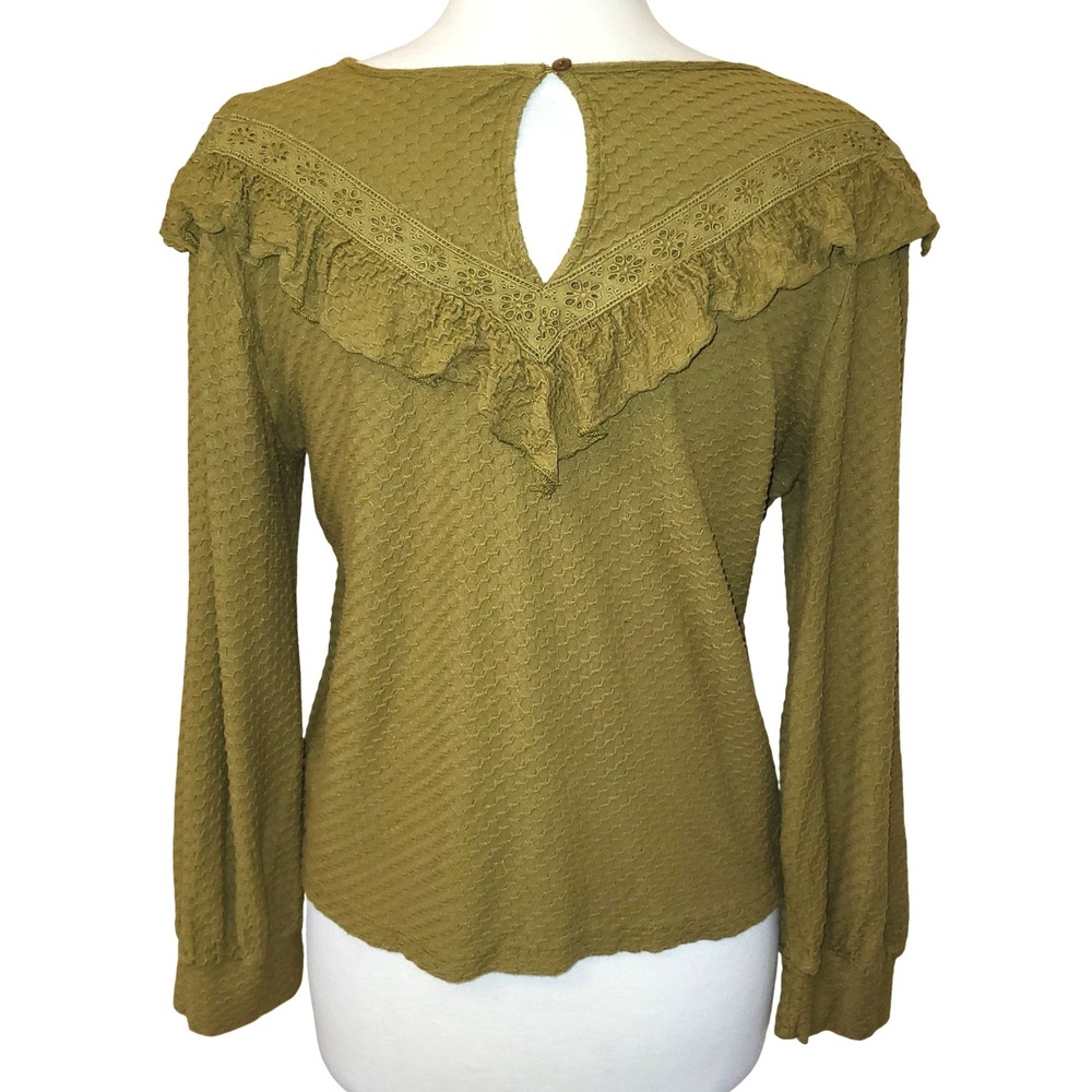 J.Crew Ruffle Trim Honeycomb Knit Olive Gold Green Long Sleeve Blouse - Picture 4 of 8